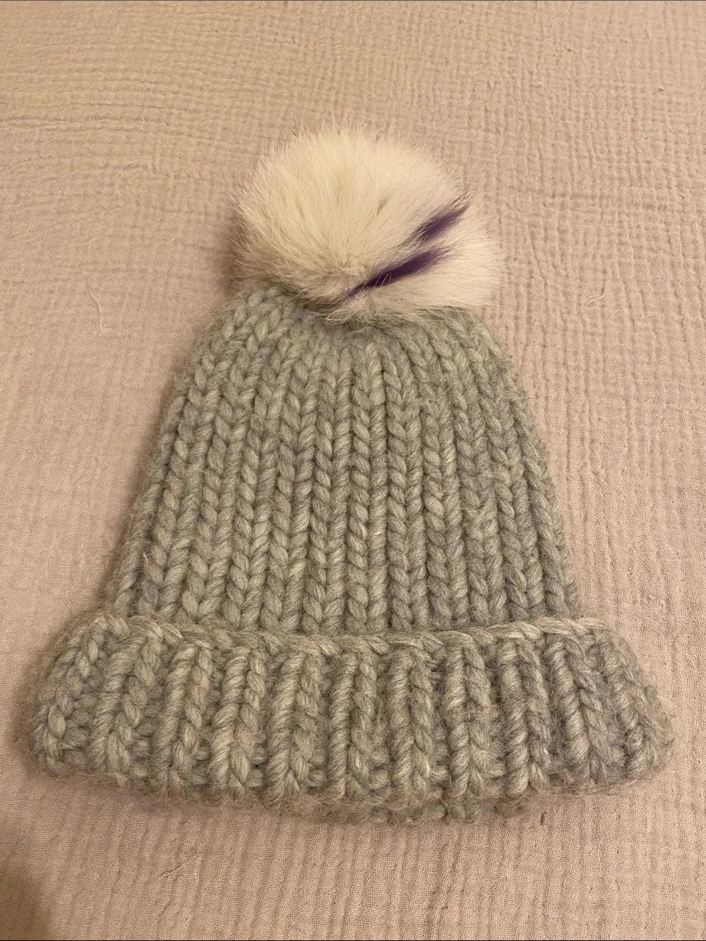 EUGENIA KIM Gray Knit Pom Beanie Hat - Real Fur Pom